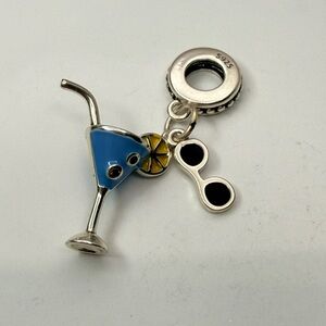 Sterling Silver Martini Cocktail Dangle Charm w Sunglasses S925